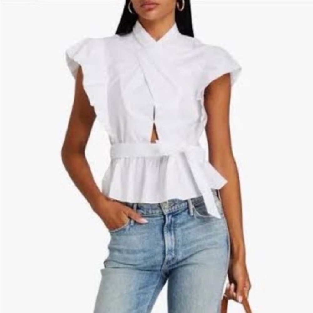 10 Crosby Derek Lam White Sleeveless Peplum Tie-Waist Blouse